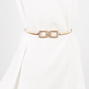 Detail of interlocking golden metal waist chain with embossed texture on the buckle