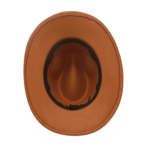 Detailed interior of orange wool fedora hat showing black sweatband and crown structure
