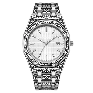 Classic silver octagonal watch with engraved metal strap and luminous white dial