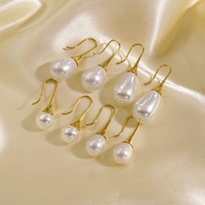Artificial Pearl Drop Hook Earrings Stainless Steel 14K Gold Plated Minimalist Shell Artificial Pearl Elegant French Jewelry For Women