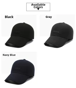 Detailed comparison of baseball caps in black, grey, and navy blue with 3D embroidery