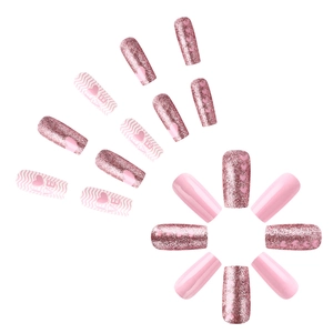 Pink heart press-on nails set featuring glitter patterns and glossy finish short square tips