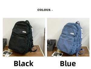 Detailed comparison of black and blue nylon backpacks with multi-pocket design and buckles
