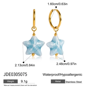 Detailed size specifications for 18K gold stainless steel starfish earrings with blue ceramic