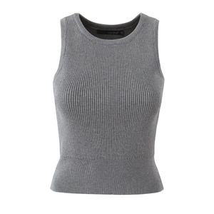 Dark grey slim fit ribbed knit crop top for women with a round neck and sleeveless design