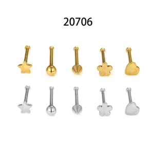 Set of 10 stainless steel 20G nose studs with star heart ball and cone designs in gold and silver