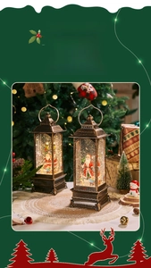Close-up of vintage bronze Christmas lantern with Santa Claus scene and swirling snow