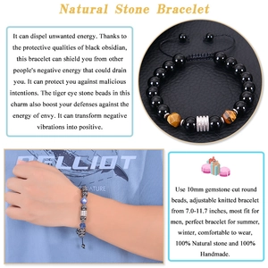 Detail of 10mm black obsidian and tiger eye braided bracelet for men with adjustable cord