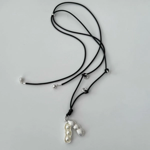 Peanut pod pearl necklace with silver-tone pendant and black cord chain for women