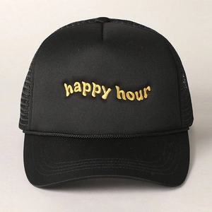 Outdoor black trucker hat with yellow happy hour embroidery and braided rope detailing