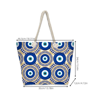 Large Evil Eye canvas beach tote with blue geometric patterns and rope handles
