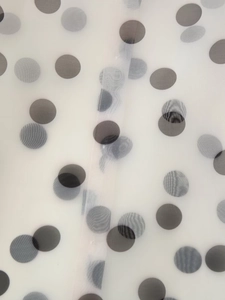 Macro detail of sheer organza fabric featuring classic black polka dots on mesh texture