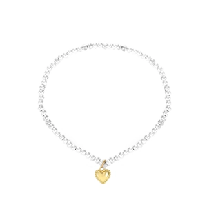 Minimalist silver beaded bracelet featuring a gold heart charm on a clean white background