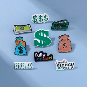 Set of 9 trendy enamel pins featuring money-themed designs and financial mottos
