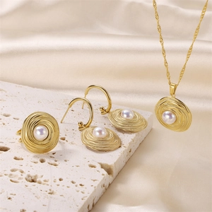 Vintage Gold Plated Jewelry For Women Vortex Swirl Pattern Faux Artificial Pearl Necklace Earrings Ring Lightweight Luxury Style