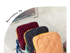 Quilted plaid organizer bags in red, blue, and orange on a laptop for travel storage