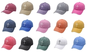 Detailed grid of 15 vintage washed cotton baseball caps with cross embroidery