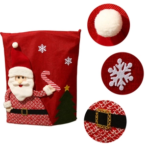 Red burlap Christmas chair cover with Santa Claus applique and snowflake detail