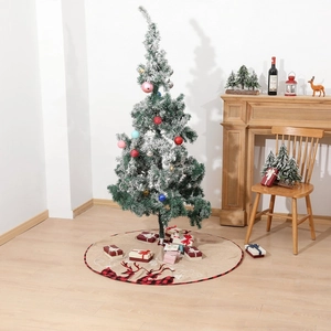 Linen Christmas tree skirt with reindeer print and red black buffalo plaid border