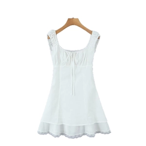 French style white sleeveless mini dress with bow tie and lace hem on wooden hanger