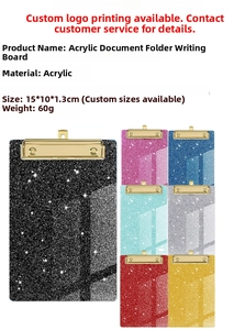 Detail view of 15x10cm glitter acrylic clipboard showing metal clip and multi-color texture