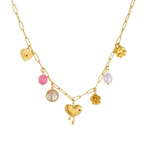 Gold-plated stainless steel paperclip chain necklace with heart, rose and pearl charms