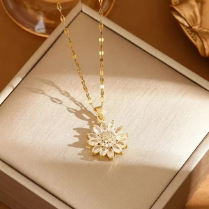 Elegant 18k gold sunflower pendant necklace with sparkling crystal petals for women