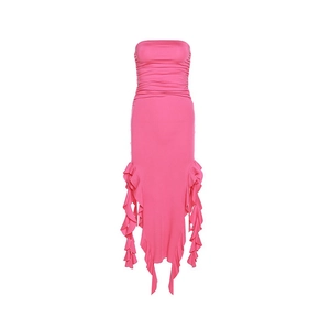 Detail view of pink ruched tube dress with layered ruffles and irregular hemline