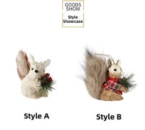 Handcrafted straw squirrel ornaments with pine cones and red plaid shirt details