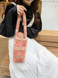 Pink and beige checkered plush tote bag in soft faux fur for daily casual wear
