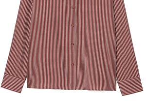 Detail of reddish-brown striped silk shirt showing buttons and cuff texture