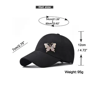 Size guide for butterfly baseball cap with adjustable head size 54-60cm and dimensions
