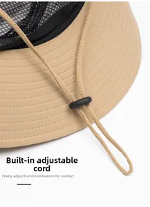Detail of adjustable inner drawstring and mesh lining on quick-dry outdoor sun hat