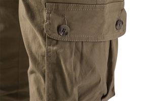 Close-up of durable cotton twill fabric showing pocket flap and reinforced buttons