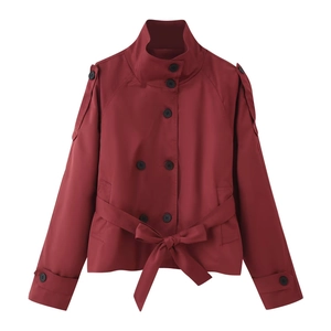 Women's red double-breasted short trench coat with stand collar and waist belt