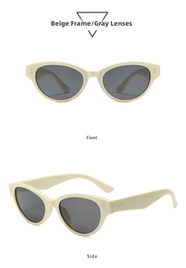 Front and side views of beige cat-eye sunglasses with gray lenses and rivet details