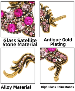 Detailed macro view of vintage unicorn brooch with pink rhinestones and gold plating