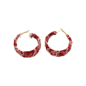Créoles rondes en tissu imprimé rouge et blanc de style bohème avec clous dorés