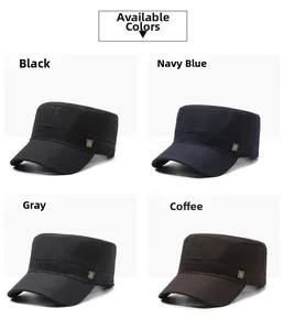 Flat top military caps for men in black, navy, grey, and coffee colors with metal plaques