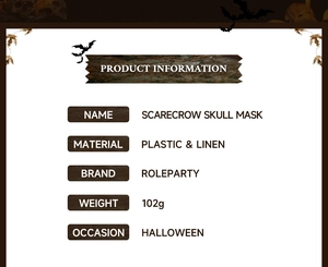 Specifications for the Halloween scarecrow skeleton mask showing weight and materials