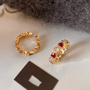 Gold-plated open ring with red enamel heart patterns and sparkling crystals for women