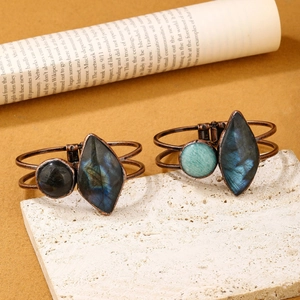 Vintage Handmade Copper Bangle Natural Labradorite Amazonite Gemstone Open Spring Hinge Bohemian Jewelry For Women