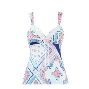 Mini robe en satin bleu clair à fleurs avec dentelle et petit nœud rose