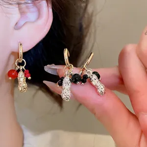 Peanut Pendant Hoop Earrings With Glass Beads Retro Style Alloy Jewelry For Women 925 Sterling Silver Earring Post
