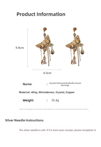 Detailed view showing dimensions and materials of crystal butterfly tassel earrings