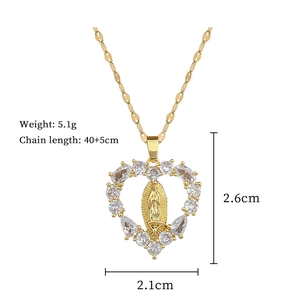 Detailed view of titanium steel necklace with crystal heart pendant and Virgin Mary relief