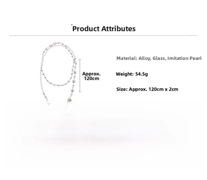 Detail view of long star pearl necklace with alloy and glass bead material specifications