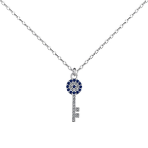 Elegant S925 sterling silver key necklace with blue and white zircon pavé setting