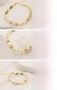 Detail of freshwater pearl bracelet with green gemstones and 18k gold plated lobster clasp