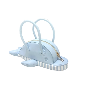 Creative light blue whale-shaped PU leather handbag with white stripes and gold zipper